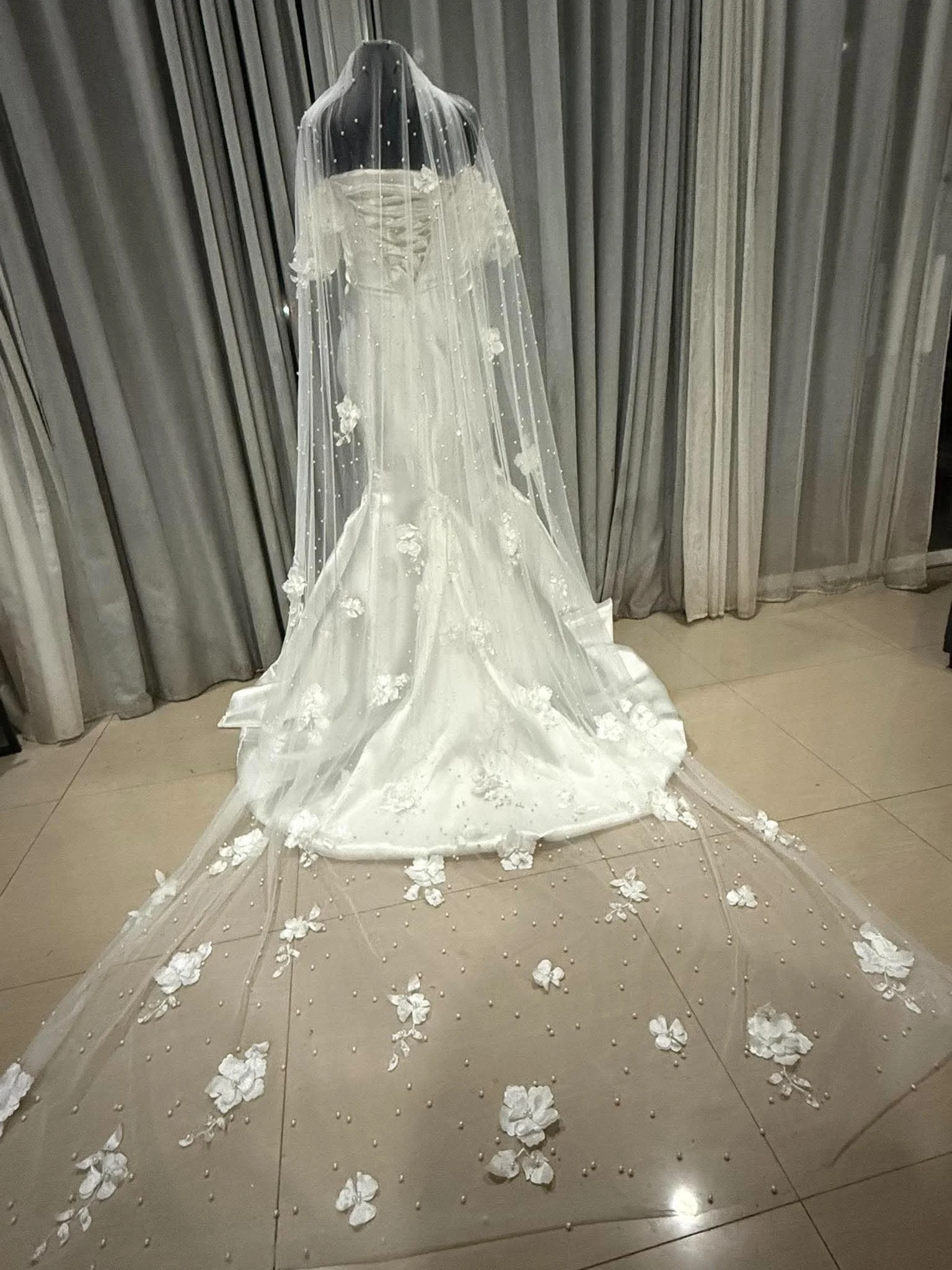 Custom Mikado Wedding Dress Australia  3D Floral Off-Shoulder Bridal Gown with Matching Pearl Flower Veil (25).jpg