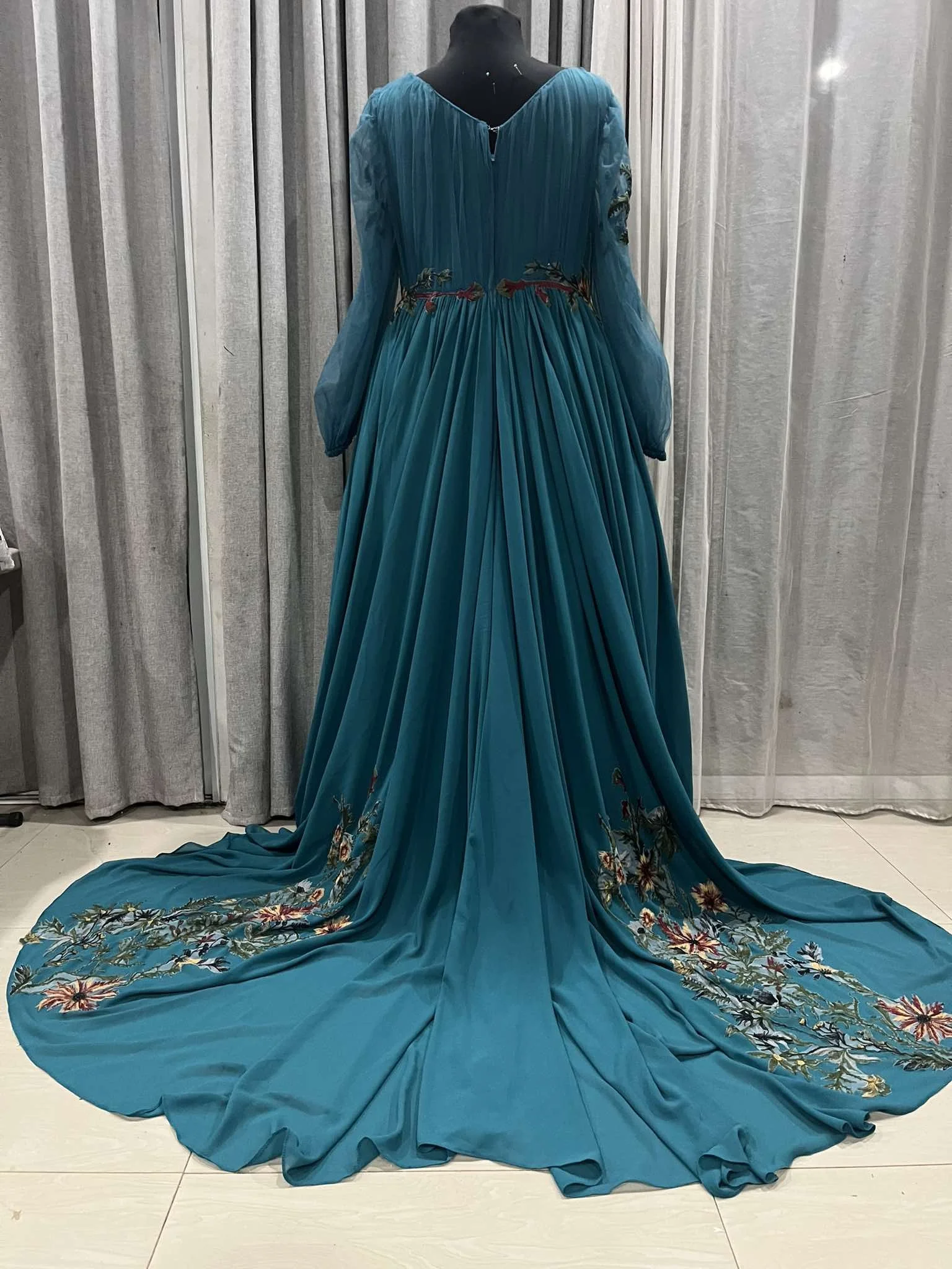 Custom Teal Floral Wedding Dress Australia – Long Sleeve Chiffon Boho Bridal Gown with Matching Cathedral Veil (9).jpg