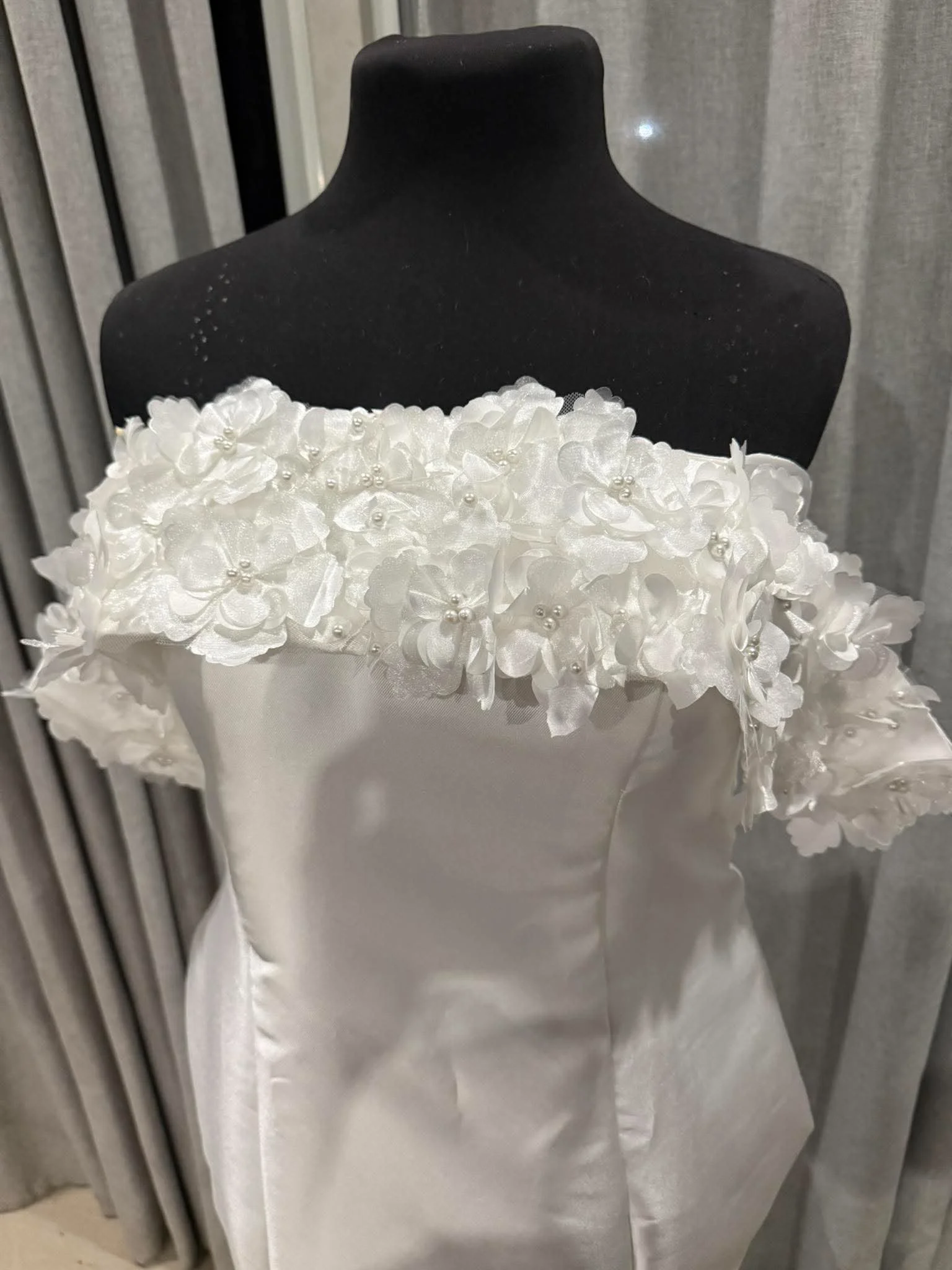 Custom Mikado Wedding Dress Australia  3D Floral Off-Shoulder Bridal Gown with Matching Pearl Flower Veil (9).jpg