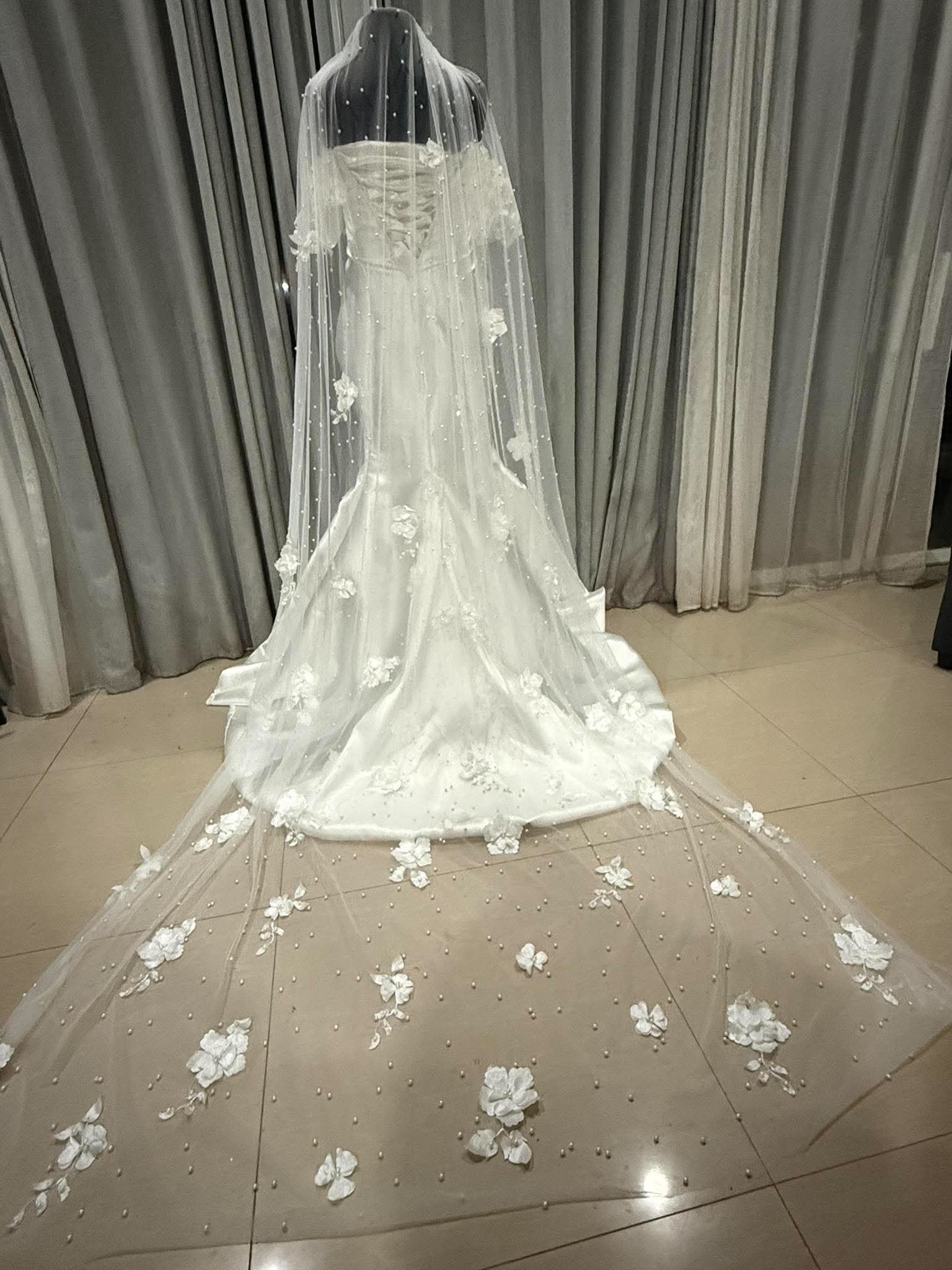 Custom Mikado Wedding Dress Australia  3D Floral Off-Shoulder Bridal Gown with Matching Pearl Flower Veil (21).jpg