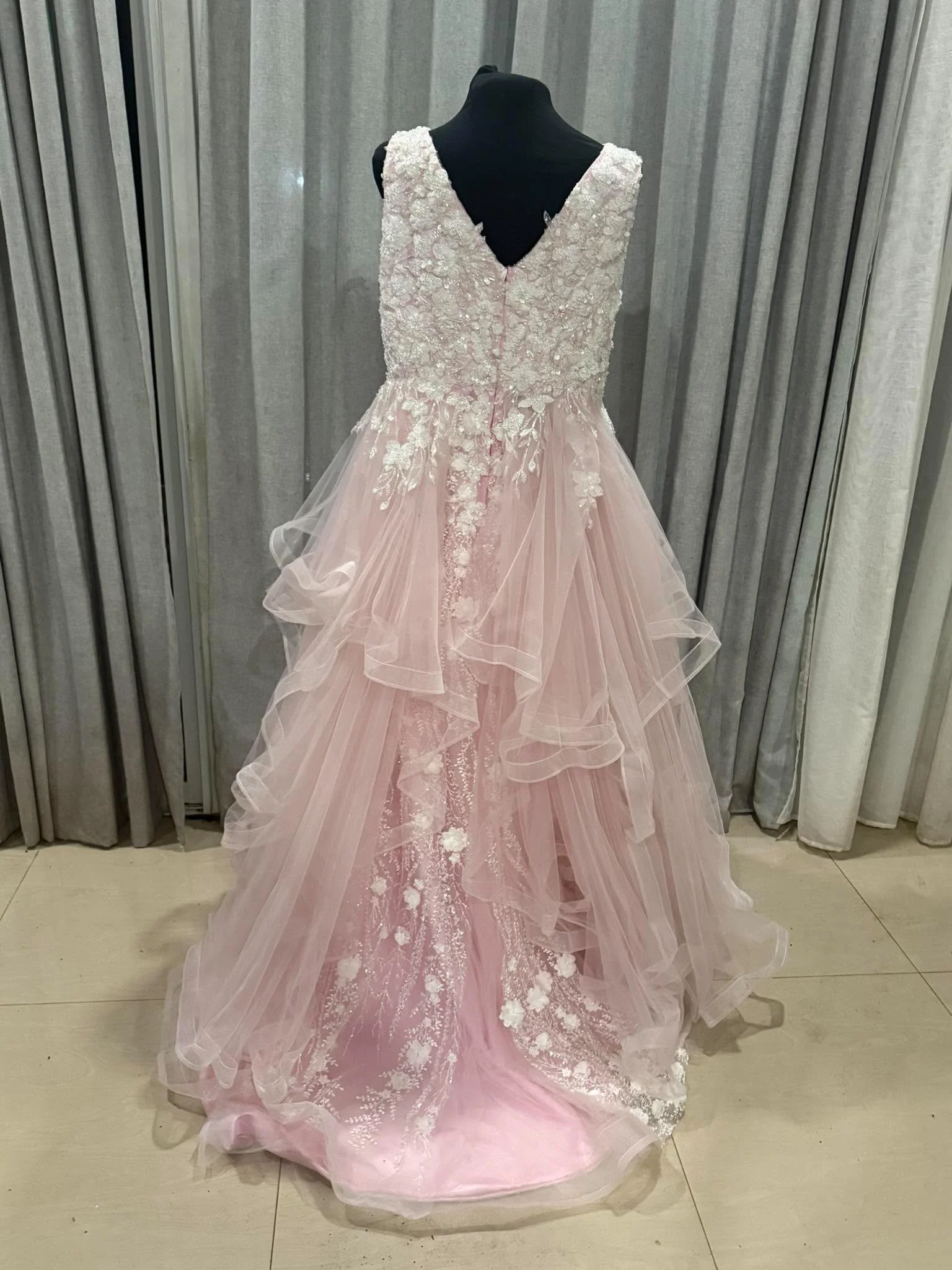 Custom Blush Pink Wedding Dress Australia  Romantic 3D Floral Lace Bridal Gown with Ivory & Blush Tulle Layers (8).jpg