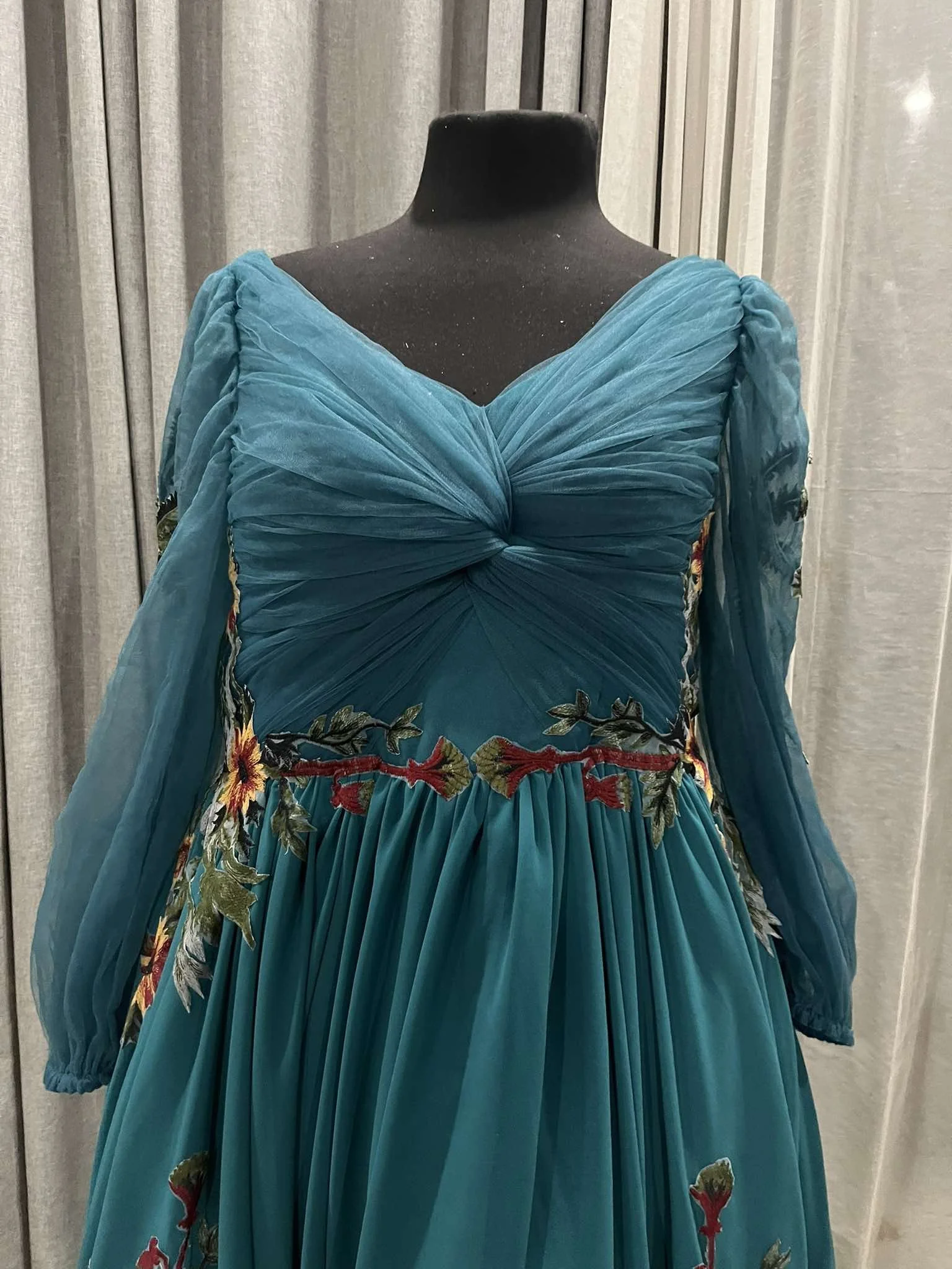 Custom Teal Floral Wedding Dress Australia – Long Sleeve Chiffon Boho Bridal Gown with Matching Cathedral Veil (13).jpg