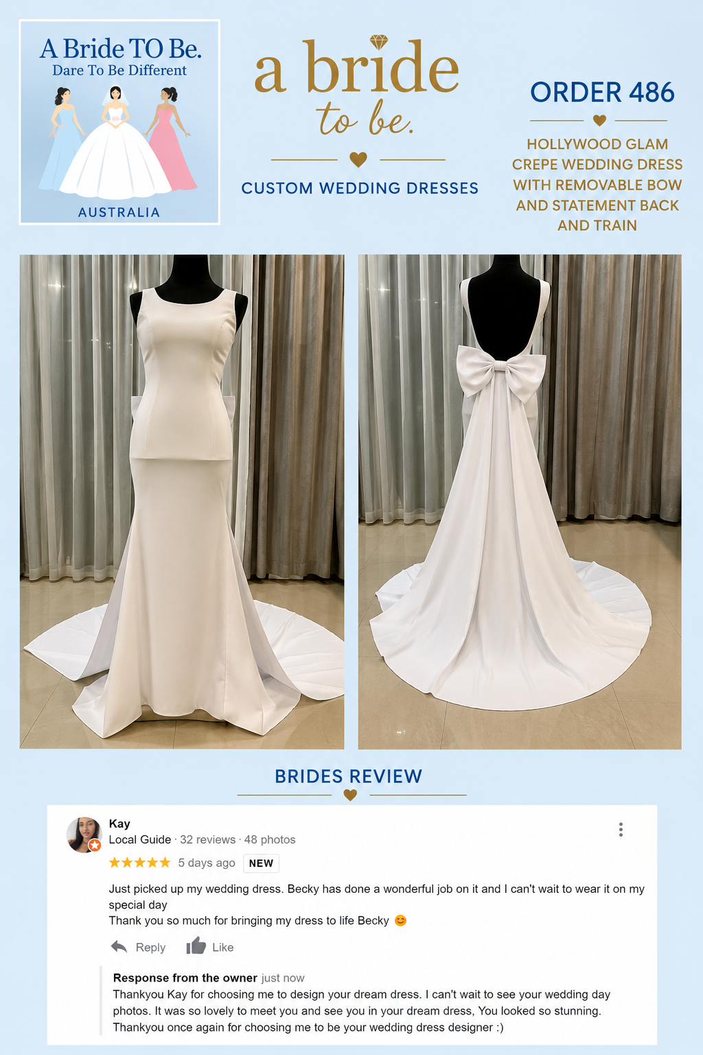 Order 486 Crepe Wedding Dress With Bow and Open Back
