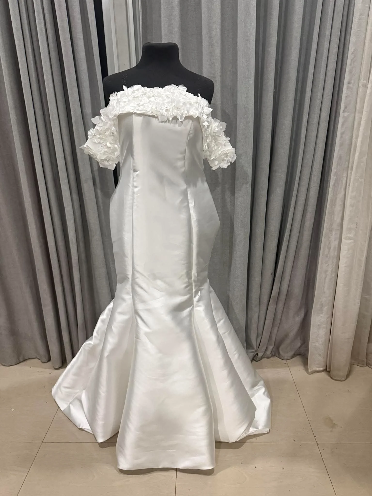 Custom Mikado Wedding Dress Australia  3D Floral Off-Shoulder Bridal Gown with Matching Pearl Flower Veil (22).jpg