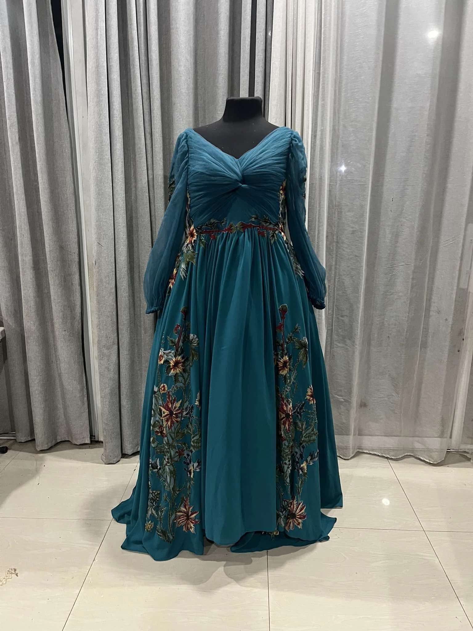 Custom Teal Floral Wedding Dress Australia – Long Sleeve Chiffon Boho Bridal Gown with Matching Cathedral Veil (22).jpg