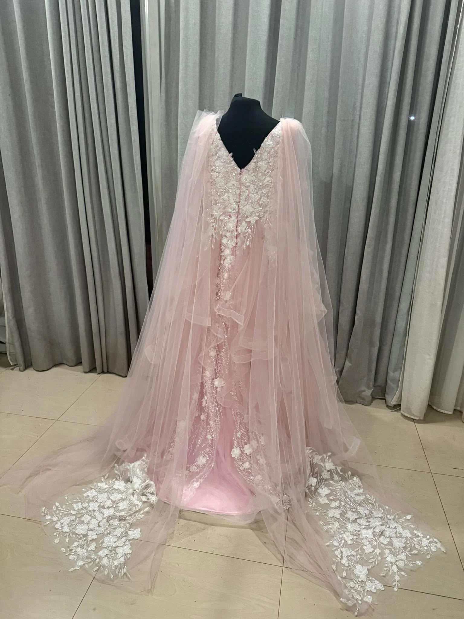 Custom Blush Pink Wedding Dress Australia  Romantic 3D Floral Lace Bridal Gown with Ivory & Blush Tulle Layers (5).jpg