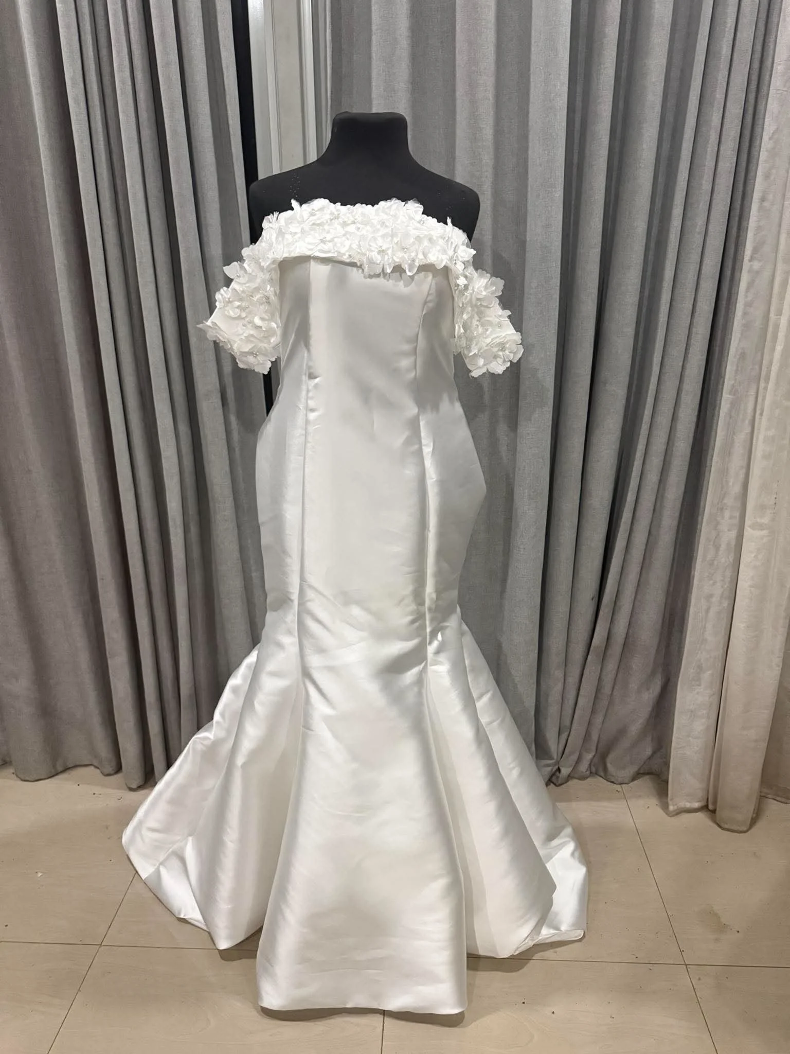 Custom Mikado Wedding Dress Australia  3D Floral Off-Shoulder Bridal Gown with Matching Pearl Flower Veil (27).jpg