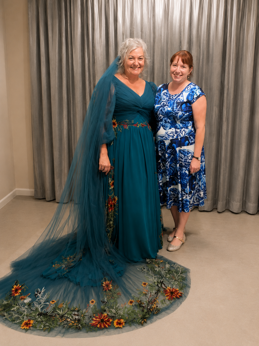 Custom Teal Floral Wedding Dress Australia – Long Sleeve Chiffon Boho Bridal Gown with Matching Cathedral Veil (5).png