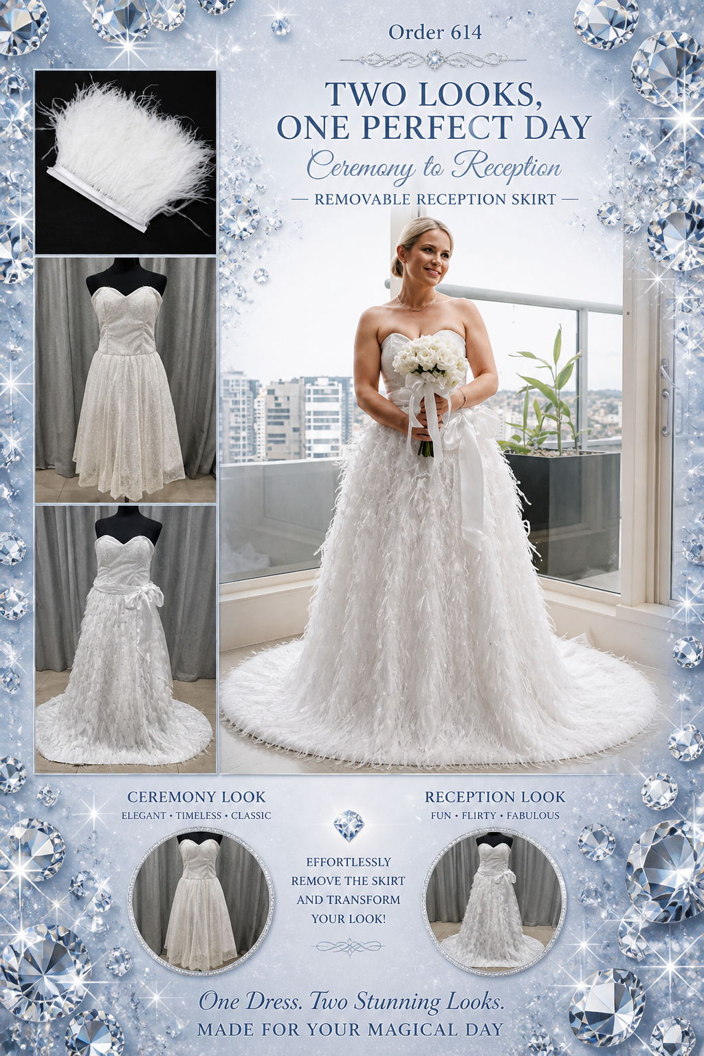 Order 614 Feathered Wedding Dress with Removable Ceremony Skirt and Veil