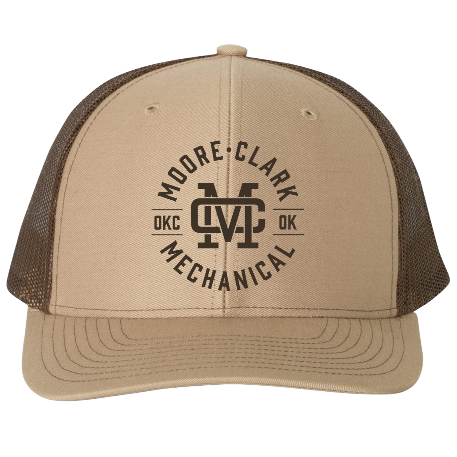 Beige and brown trucker cap with the logo and text for Moore Clark Mechanical, featuring a stylized clause of the company initials, with OKC OK and the words Moore Clark Mechanical encircling the logo.