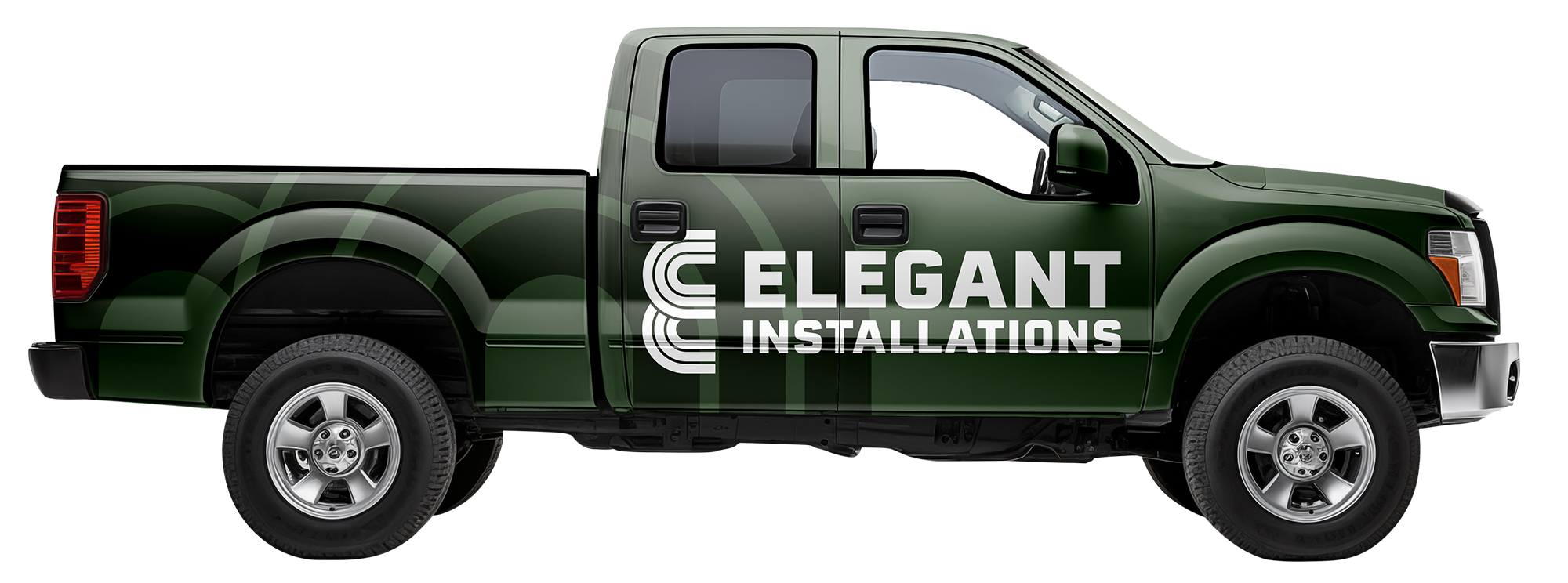 Green pickup truck with logo and text 'Elegant Installations' on the door