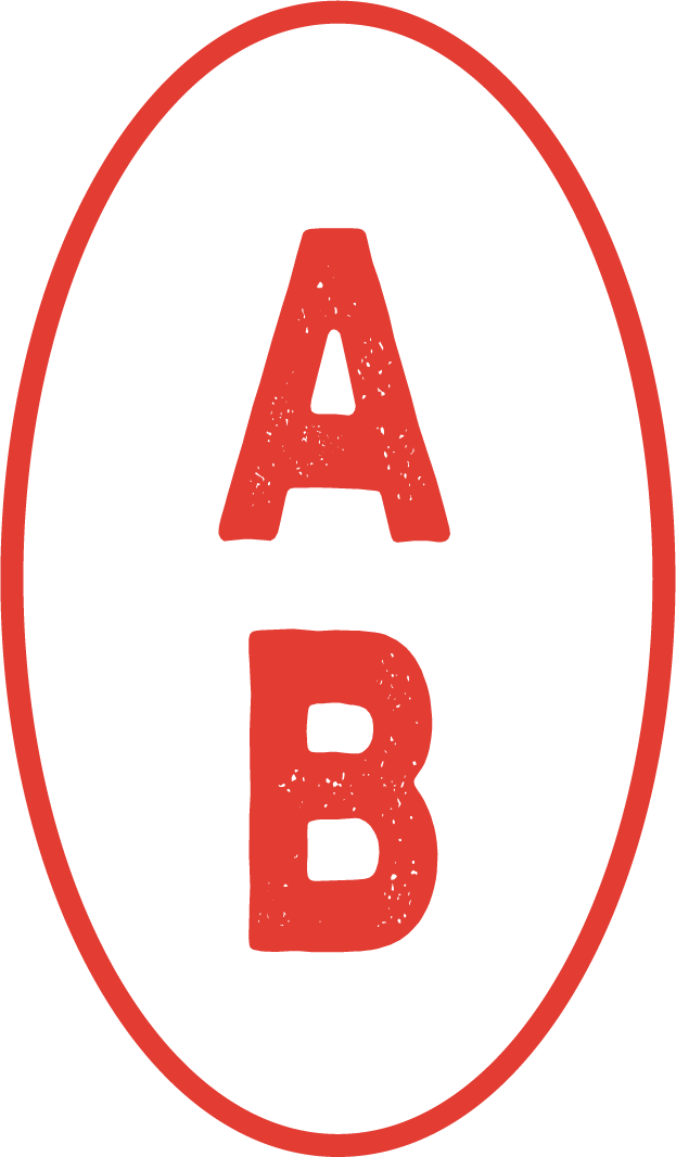 Black background with a red oval outline containing the letters 'A' and 'B' in red uppercase font.