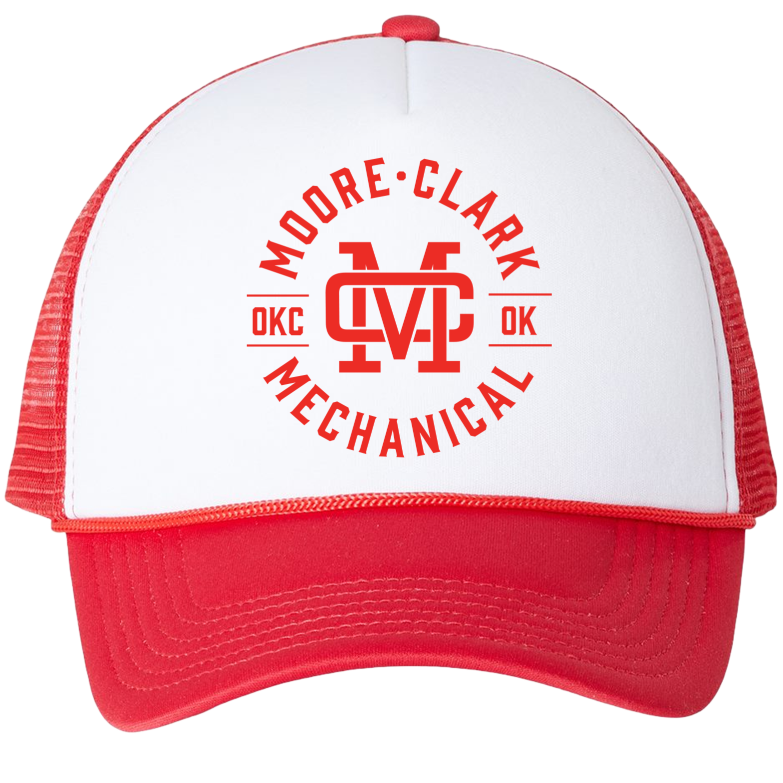 A red and white baseball cap with the logo and text of Moore-Clark Mechanical, including 'OKC' and 'OK' on either side of the logo.