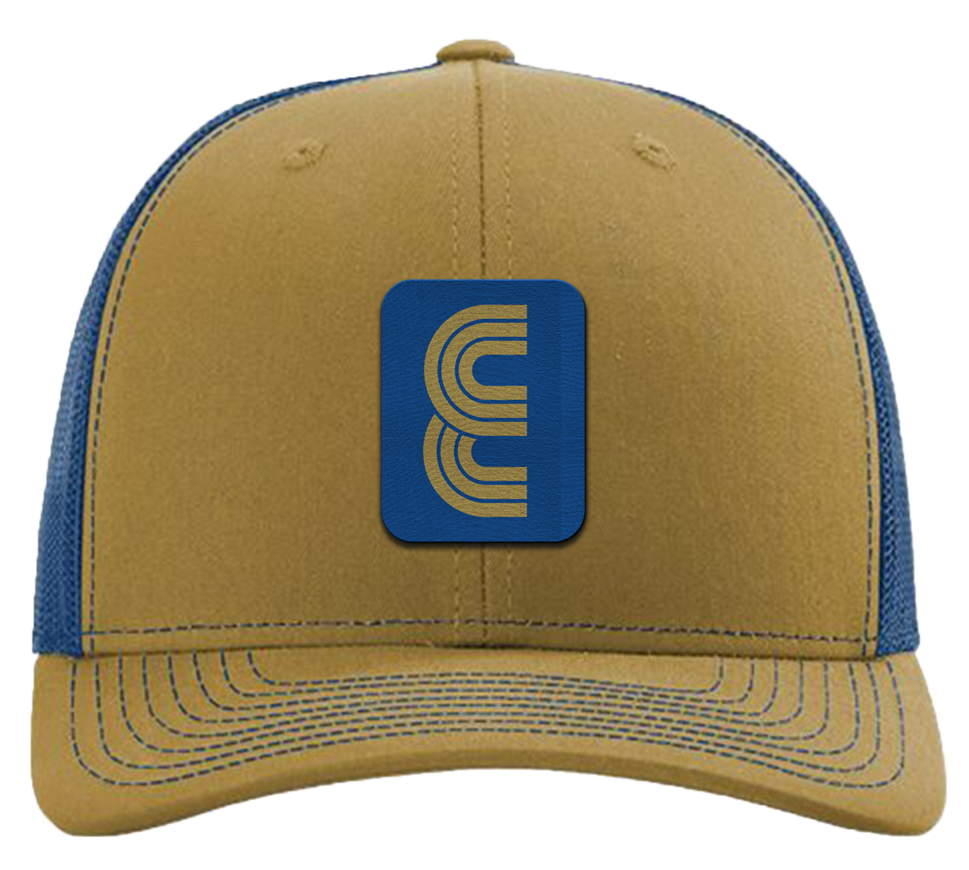 A yellow and blue trucker cap with a rectangular blue patch on the front featuring a stylized, curved line logo.