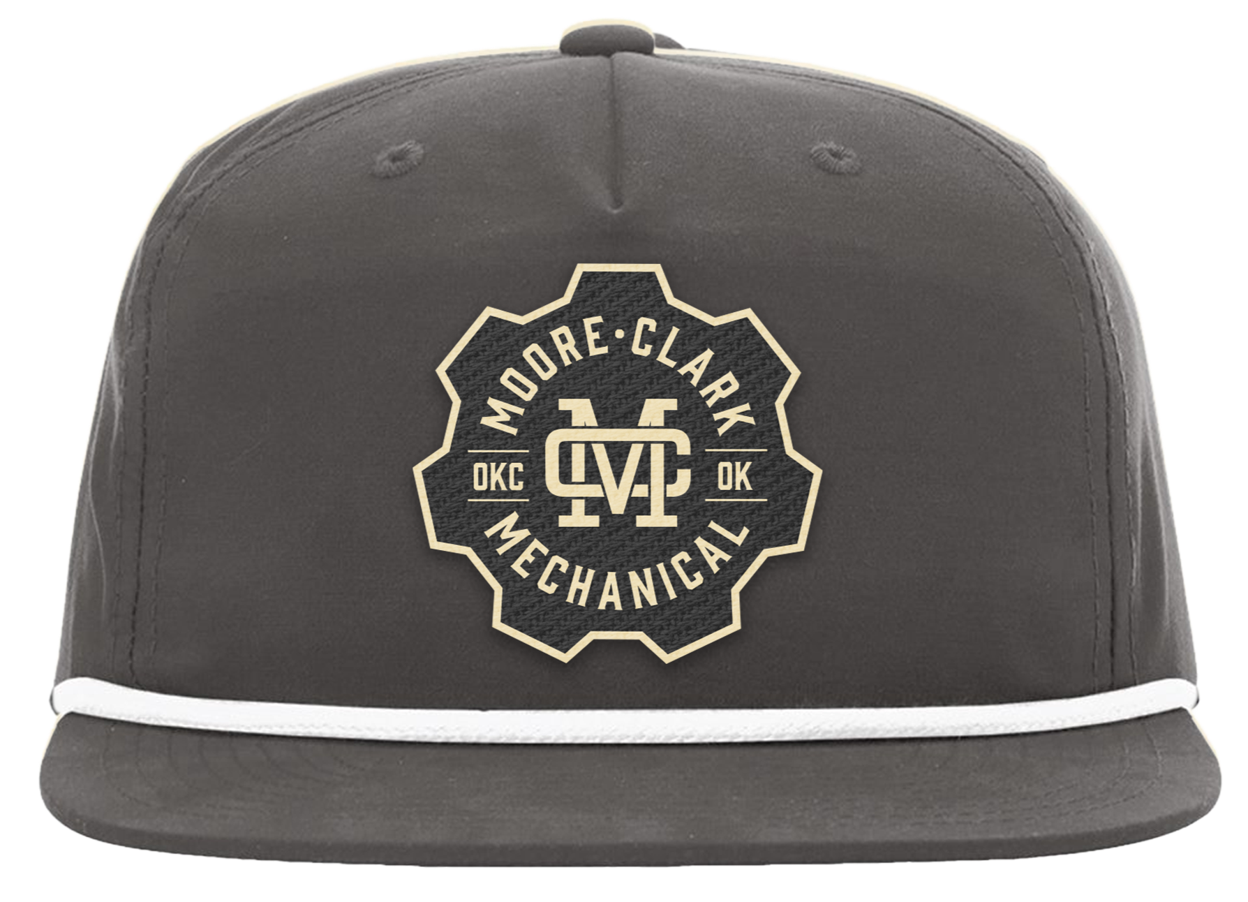 Gray baseball cap with a black and white emblem on the front reading 'Moore-Clark Mechanical' with a gear shape, and the letters 'MVC' in the center.