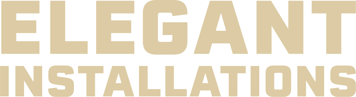 Text reading 'ELEGANT INSTALLATIONS' in bold, beige-colored font on a black background.