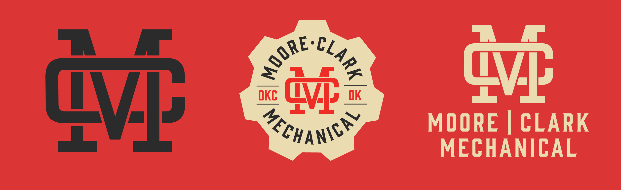 Three logos for Moore-Clark Mechanical, featuring initials 'MC' with various design styles, on a red background.