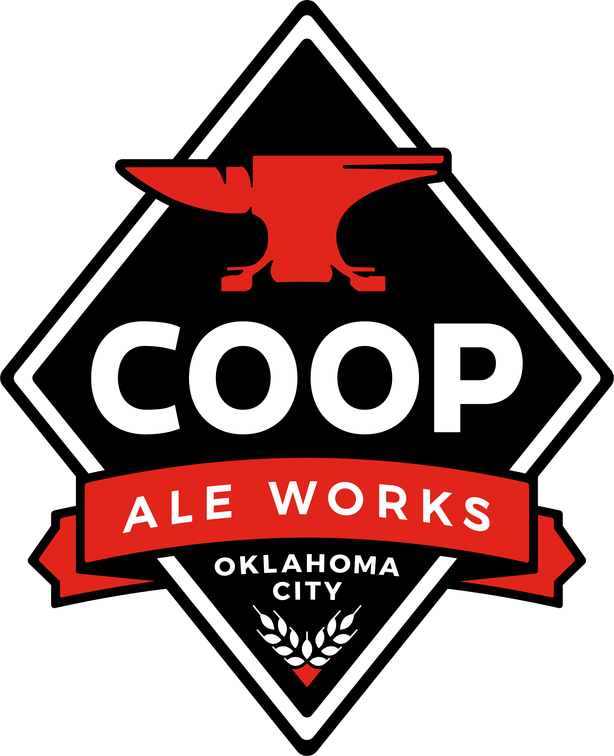 Logo for Coop Ale Works featuring a red axe, the name Coop, and text 'ALE WORKS' in a red banner, with 'Oklahoma City' beneath, on a black background.