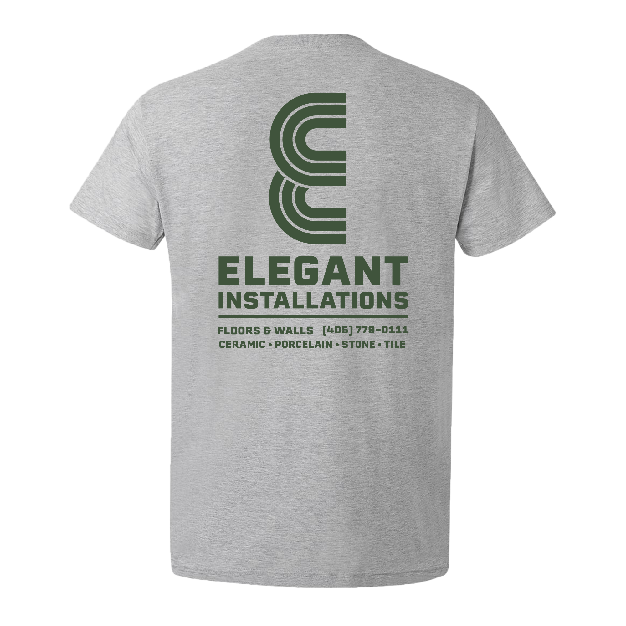Grey T-shirt with green logo and text for Elegant Installations, a flooring and wall installation company, including contact info and product types.