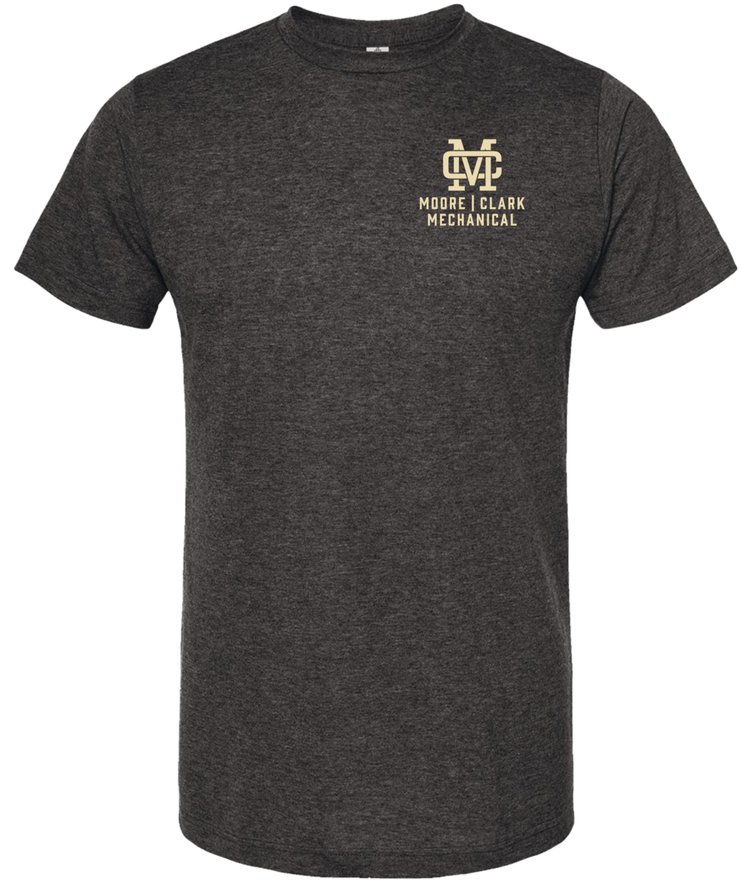 Dark gray T-shirt with a small logo in the upper left chest area that reads 'Moore Clark Mechanical' with an intertwined 'M' and 'C' above it.