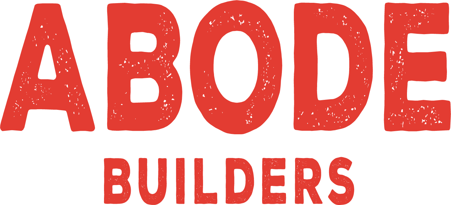 Red text spelling out "ABODE BUILDERS" on a black background.