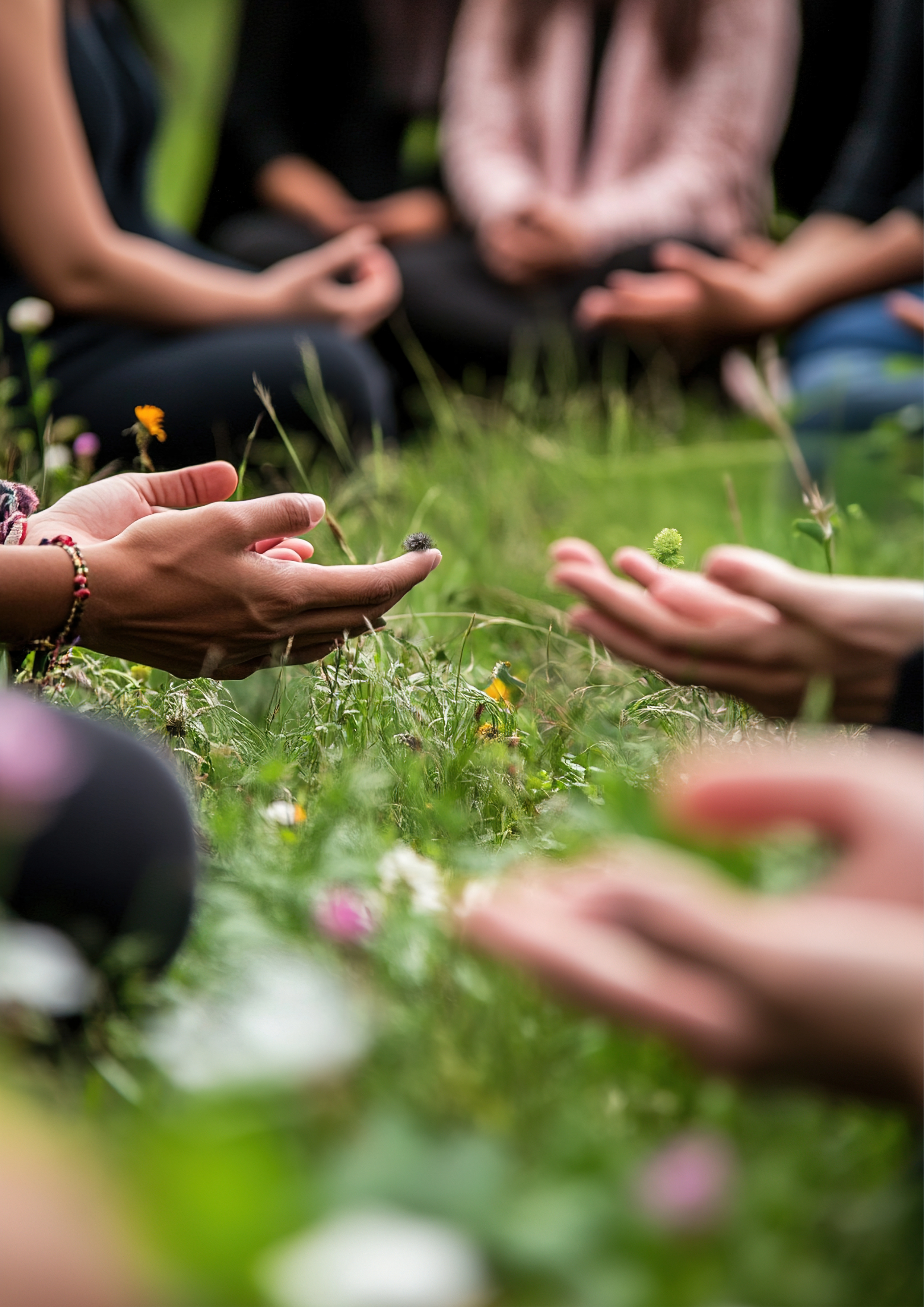 A group of people sitting outdoors on grass, engaged in a discussion or meditation, with a focus on their hands in the foreground, some holding small flowers or plants.