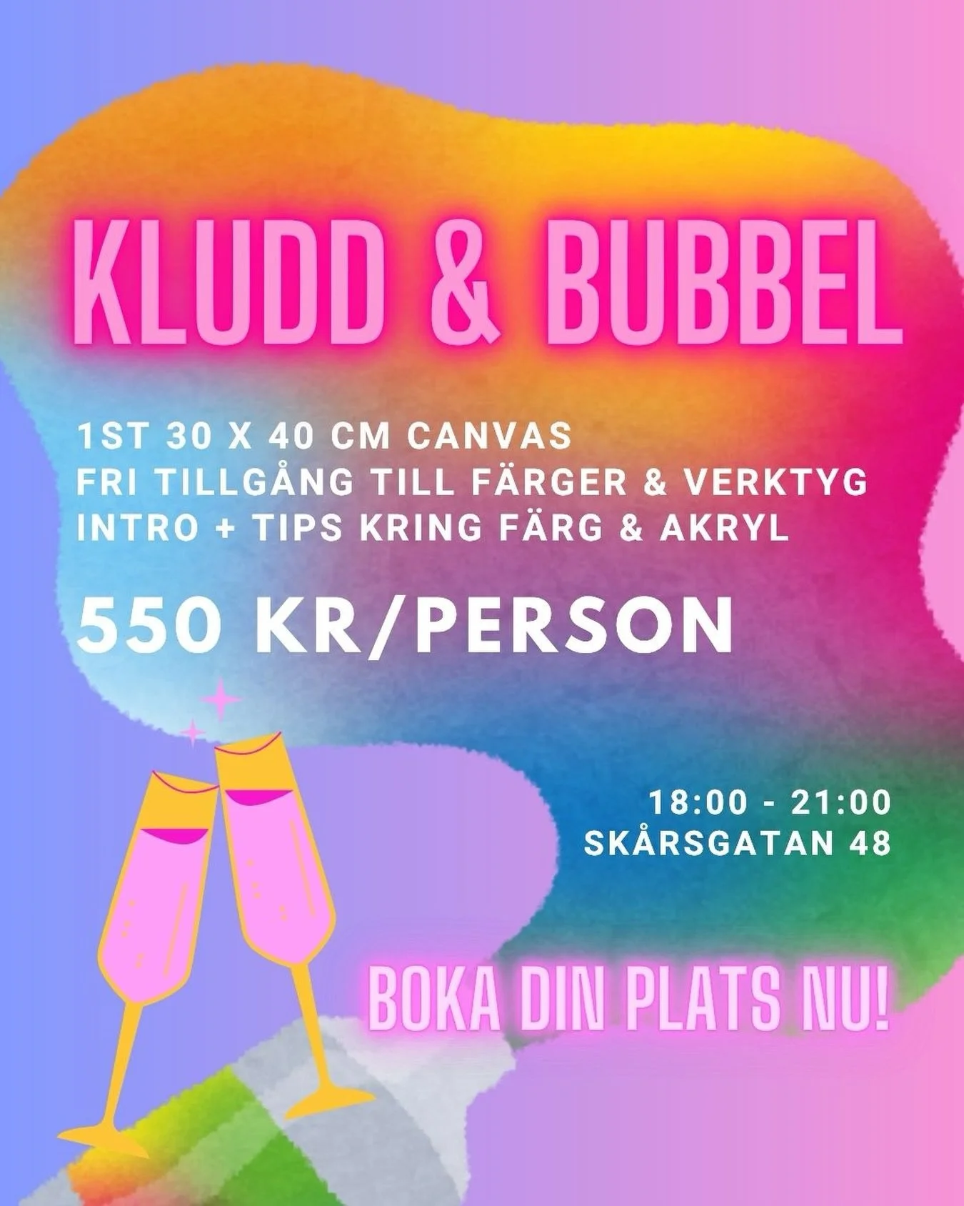 Boka din plats till Kludd &amp; Bubbel!🎨🥂

Nu p&aring; torsdag 21 maj &auml;r det dags igen💕 

Kludd &amp; Bubbel &auml;r tre timmar av fritt kreativt skapande tillsammans med andra i en lugn &amp; mysig milj&ouml;. Du kommer som du &auml;r, jag f