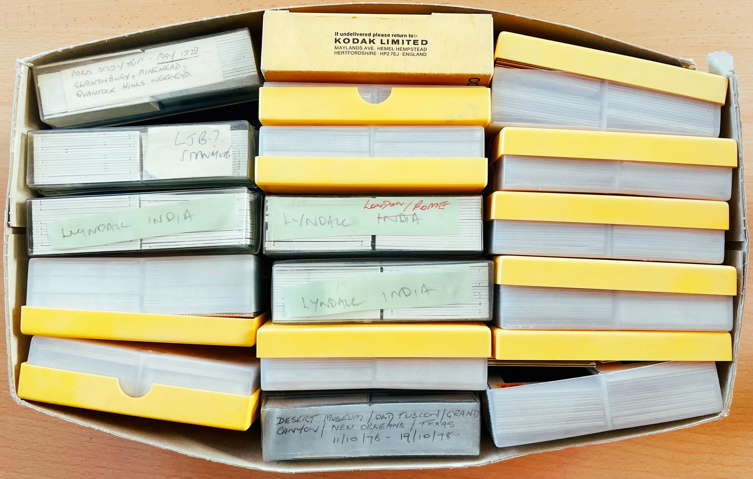 Box of labelled family 35mm slides awaiting professional digitisation in Melbourne