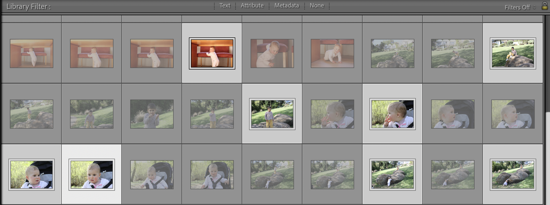 Screenshot of a family photo collection in Lightroom, with selected images highlighted during the process of organising and curating a personal archive