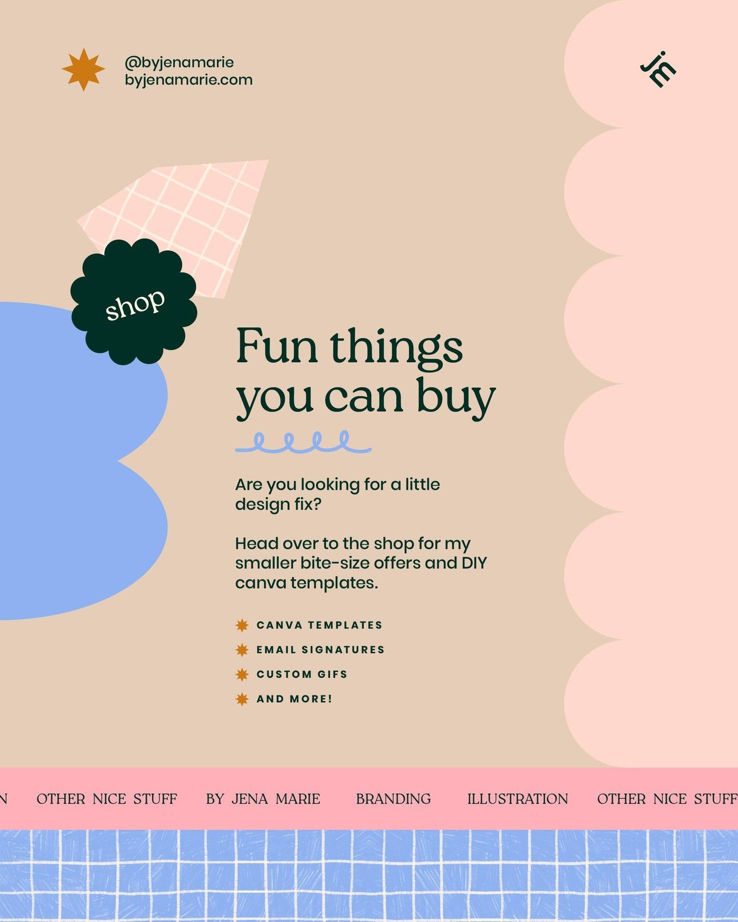 Are you looking for a little design fix? ⁠
⁠
Head over to the shop for my smaller bite-size offers and DIY canva templates. Canva templates, email signatures, custom gifs and more!⁠
⁠
Image description: Fun things you can buy. Are you looking for a l
