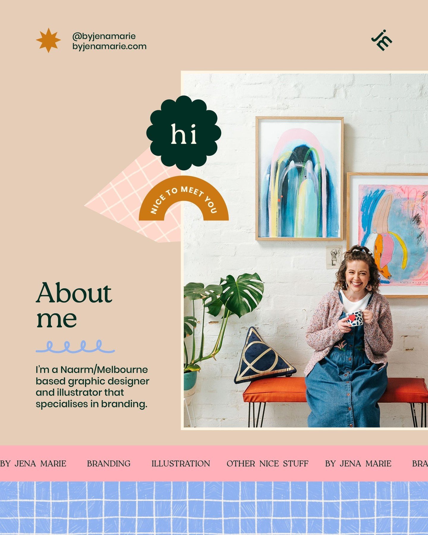 Hi, I'm Jena (she/her) 👋🏻 I'm a Naarm/Melbourne based graphic designer and illustrator that specialises in branding.⁠
⁠
I&rsquo;m passionate about crafting unique and purposeful visuals that help brands celebrate their courage, innovation, creativi