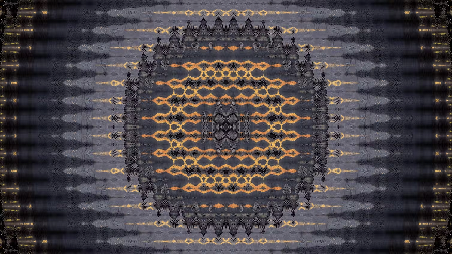 Still from ‘Beeyali’ - a still of a dark yellow, blue, grey and black geometric cymatics pattern from the moving image project Beeyali by Lyndon Davis, Leah Barclay and Tricia King.