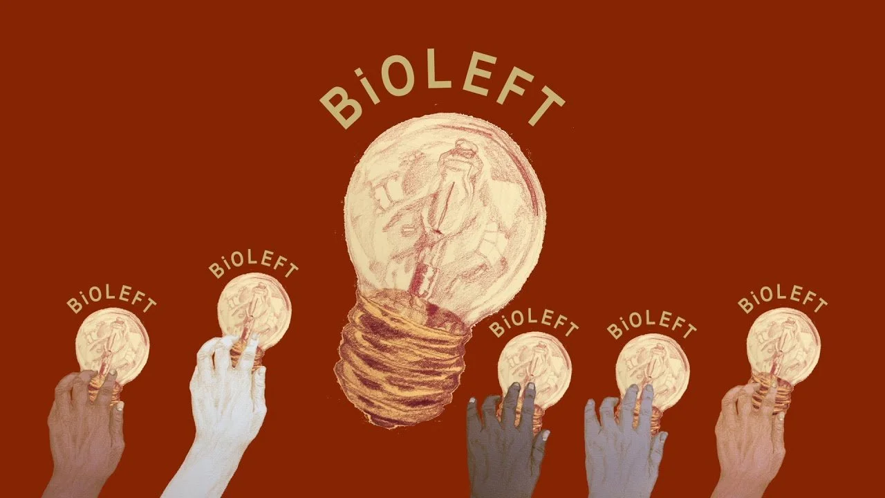 BioLeft - A graphic representing BioLeft’s work. The background is brown, and there are five hands of different chalky blues, pinks and browns reaching from the bottom of the graphic, each putting their fingers on a small chalky white circle. In the 