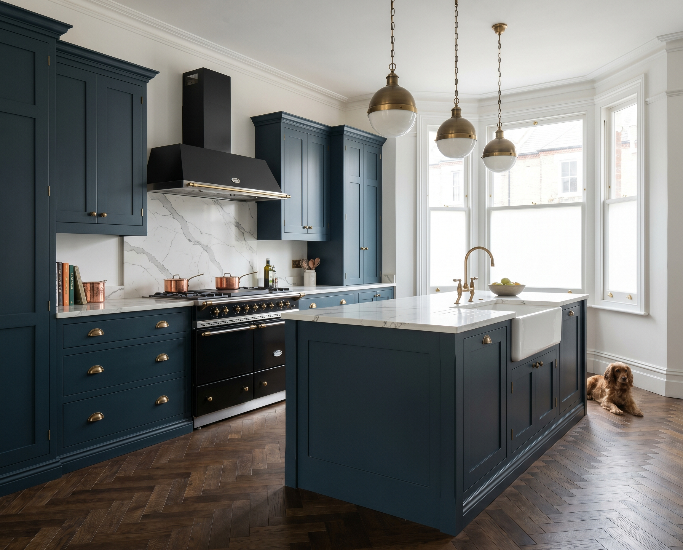 Modern kitchen with navy blue cabinets, a white marble island, copper pots, and a window with a view of neighboring buildings. Two pendant lights hang from the ceiling, and a small dog is sitting near the window.