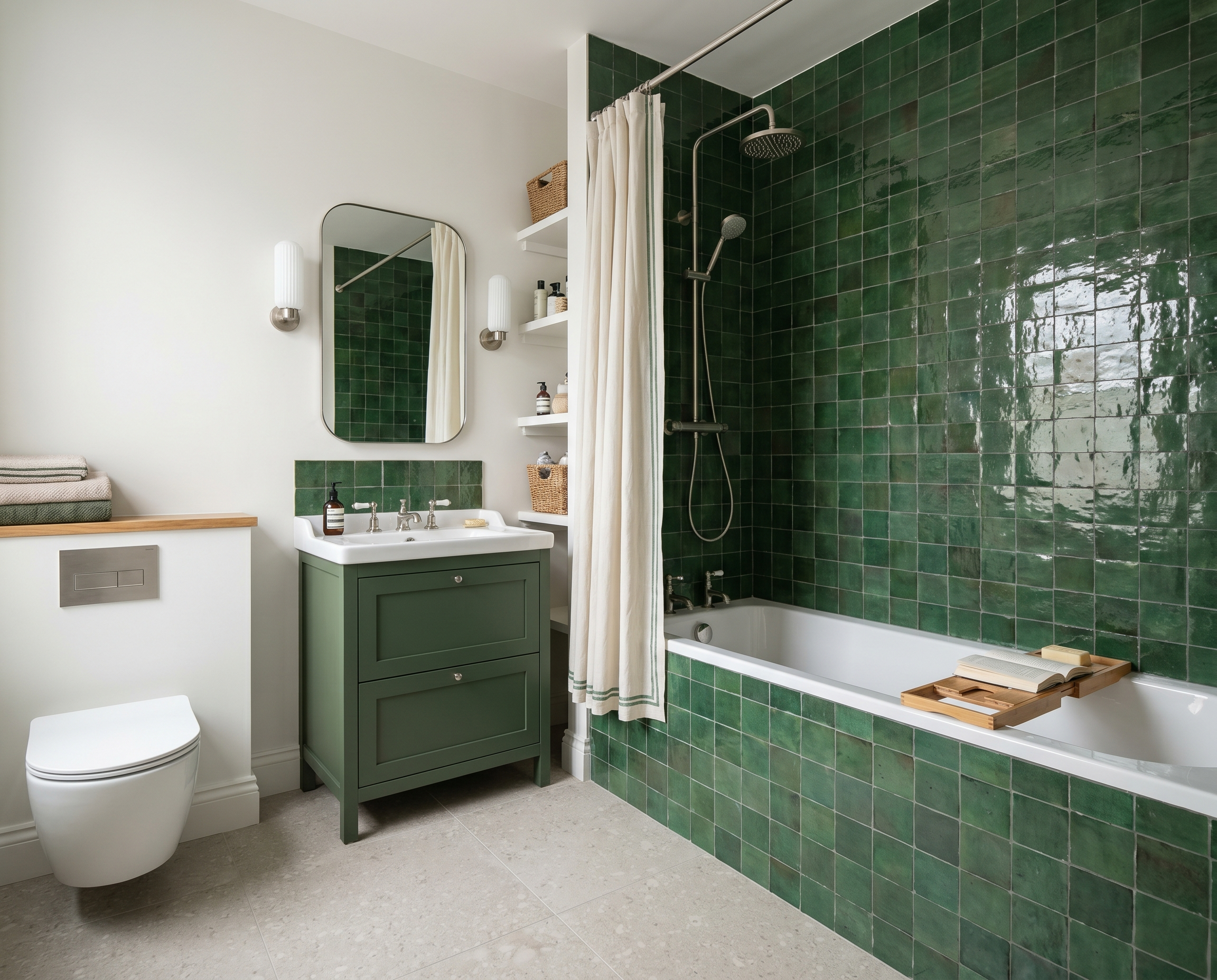 Bathroom with green tiled shower area, white vanity with green cabinet, mirror, wall-mounted light, toilet, and natural light.