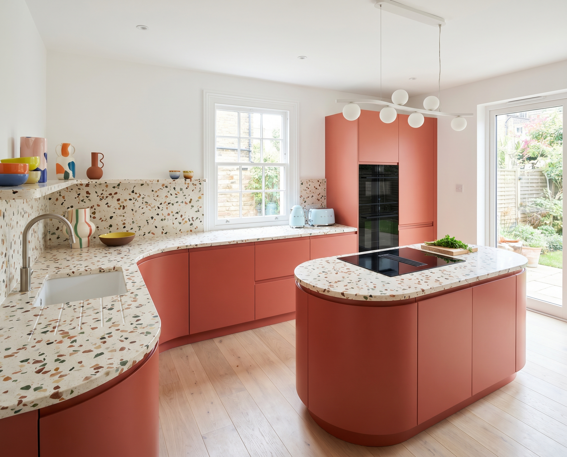 Modern kitchen with terrazzo countertops and terracotta cabinets, featuring decor including vases and bowls, with large windows overlooking a garden.