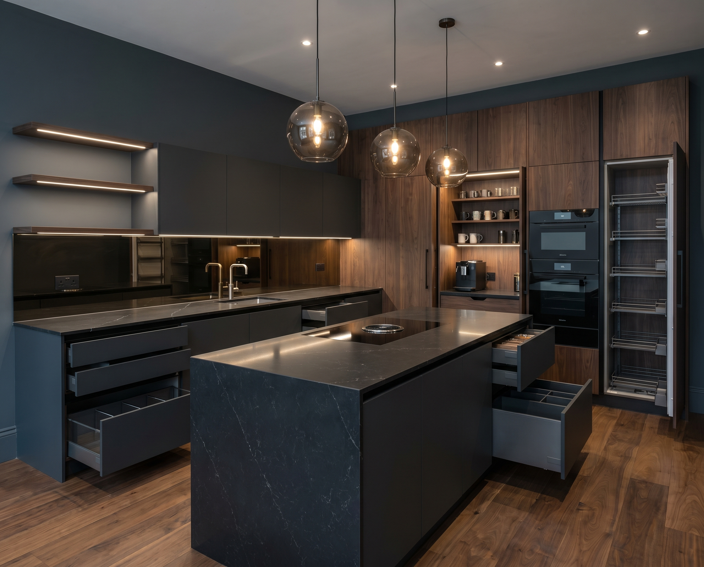 Modern kitchen with black marble island, wooden cabinetry, hanging globe pendant lights, and built-in appliances.