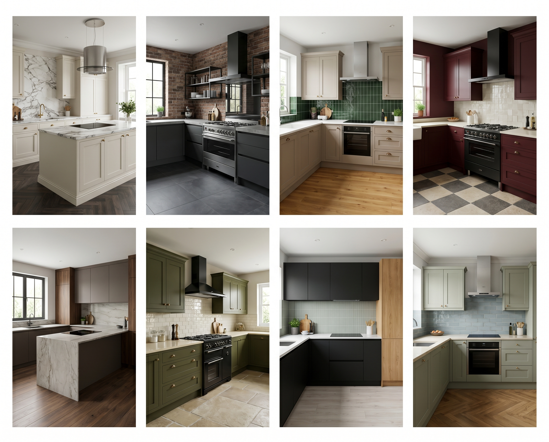 Four images of different modern kitchen designs with various cabinetry, countertops, and backsplashes.