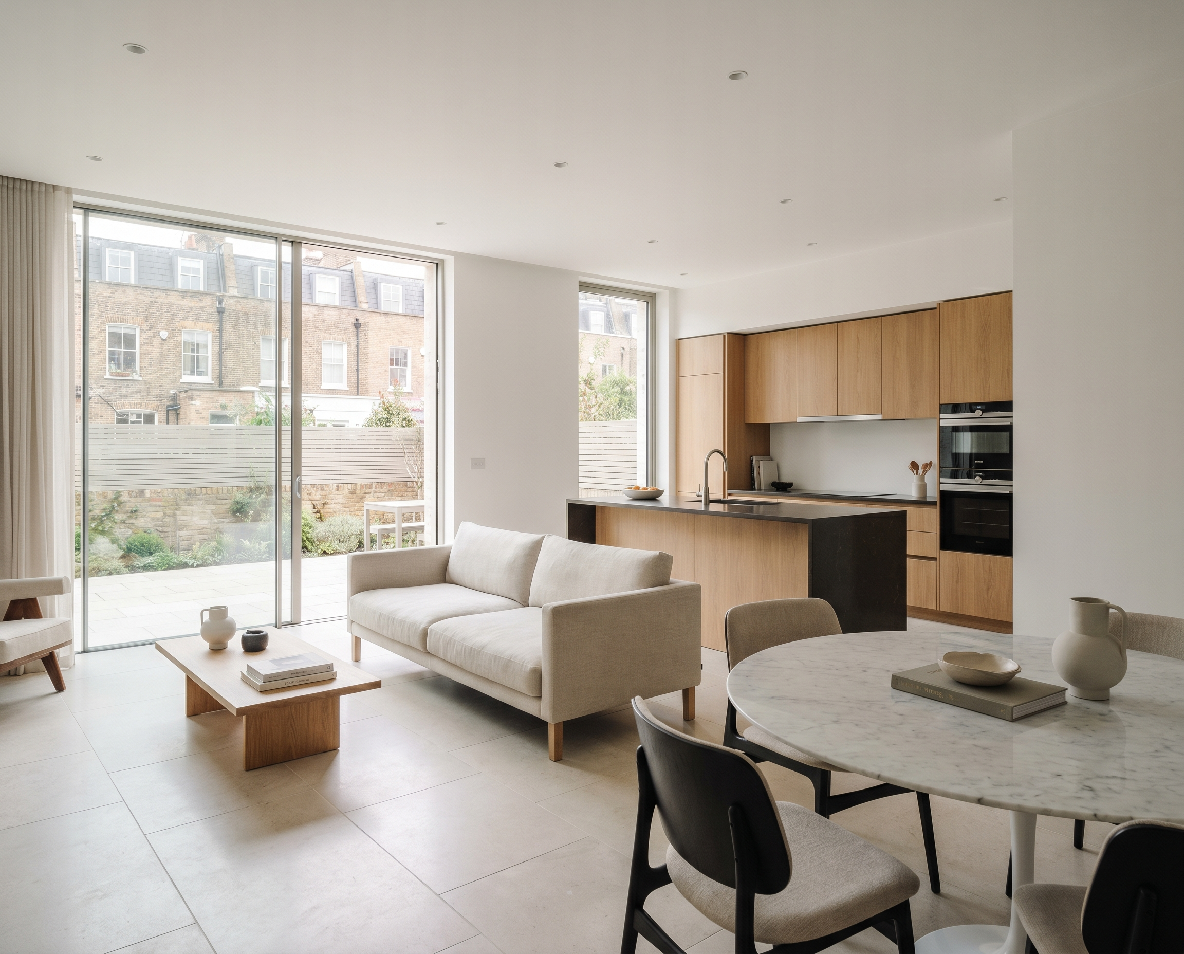 Modern living room with large windows and sliding doors, wooden kitchen cabinets, white walls, a round marble dining table with black chairs, a beige sofa, and minimalist decorative items.