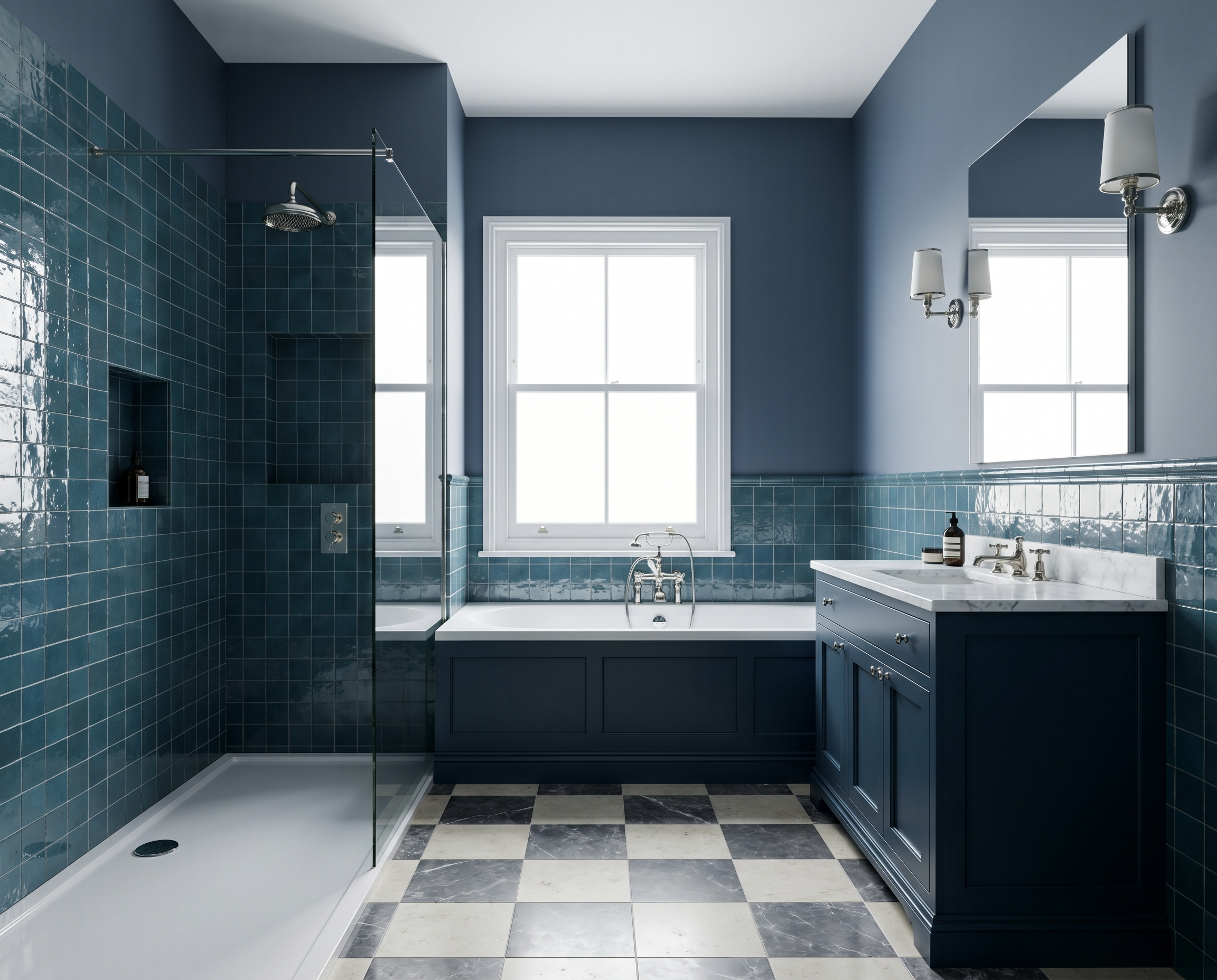 Bathroom with blue tiled walls, a large window, a bathtub with faucets, a vanity with a sink, bottles, and a mirror; an overhead shower is visible.