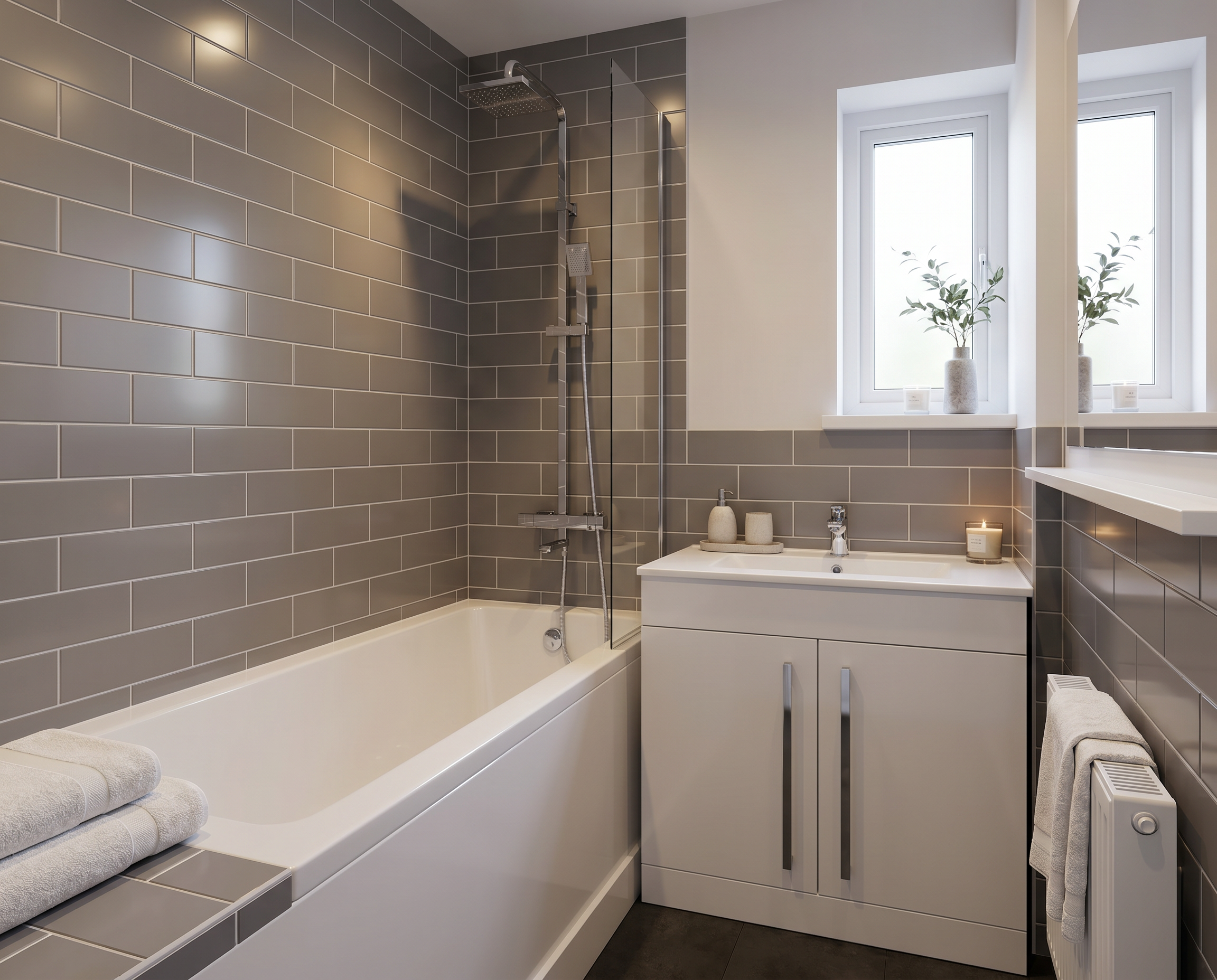 Modern bathroom with gray tile walls, a bathtub with stacked towels, a shower with a rainfall head, and a window with potted plants.