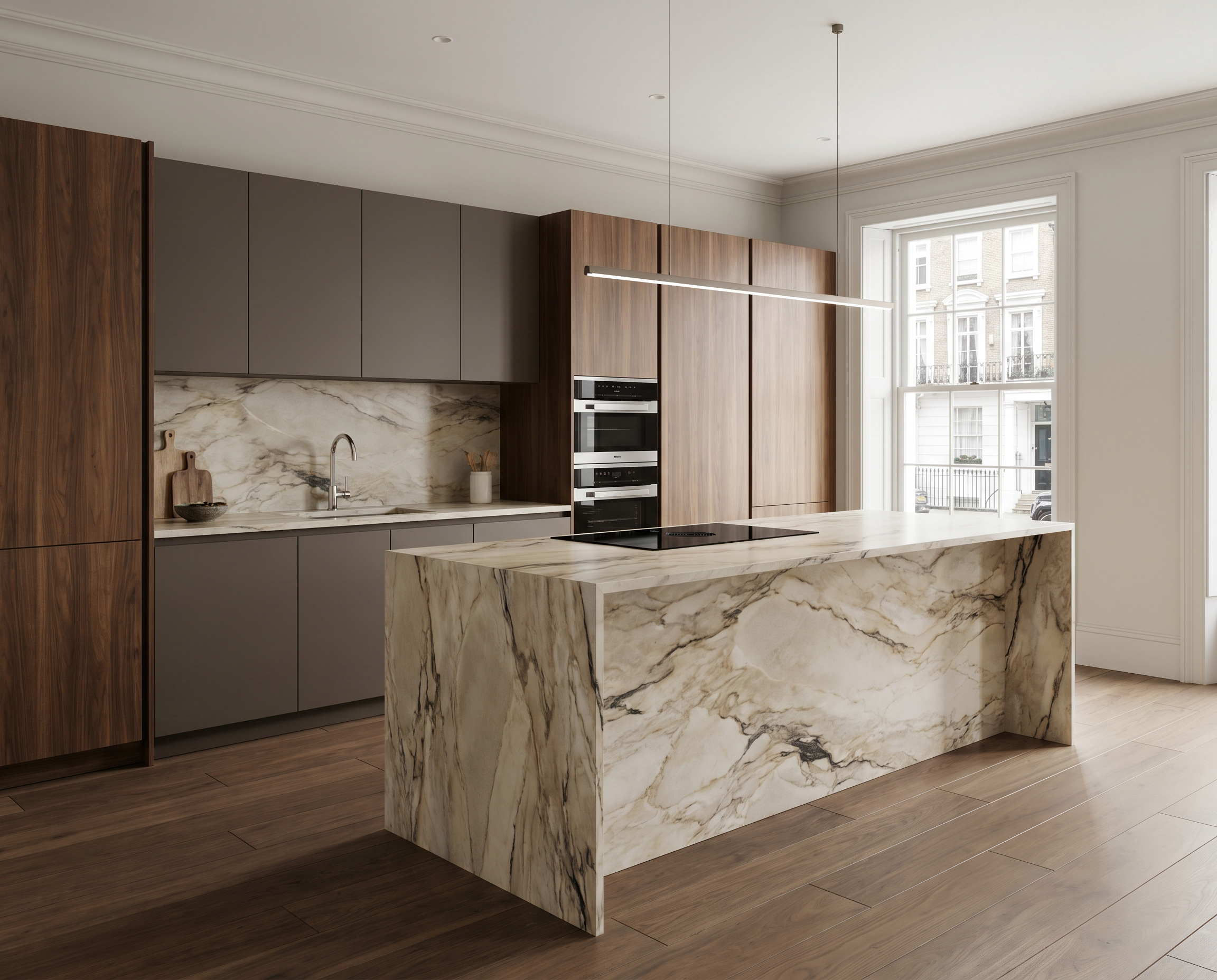 Modern kitchen with marble island, grey and wooden cabinets, and a large window overlooking buildings and a street.