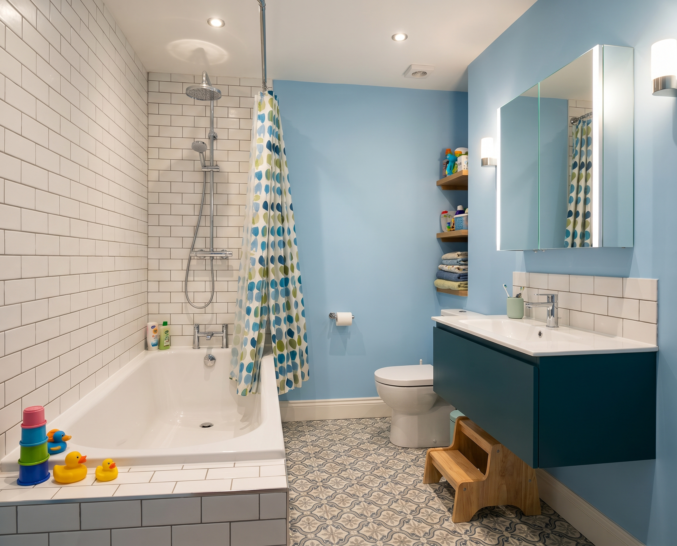 Bathroom with white tiled shower area with a rain showerhead, a bathtub decorated with rubber duck toys, a blue vanity with a white sink, a mirror with integrated lighting, wooden shelves with bathroom products, and a patterned tile floor.