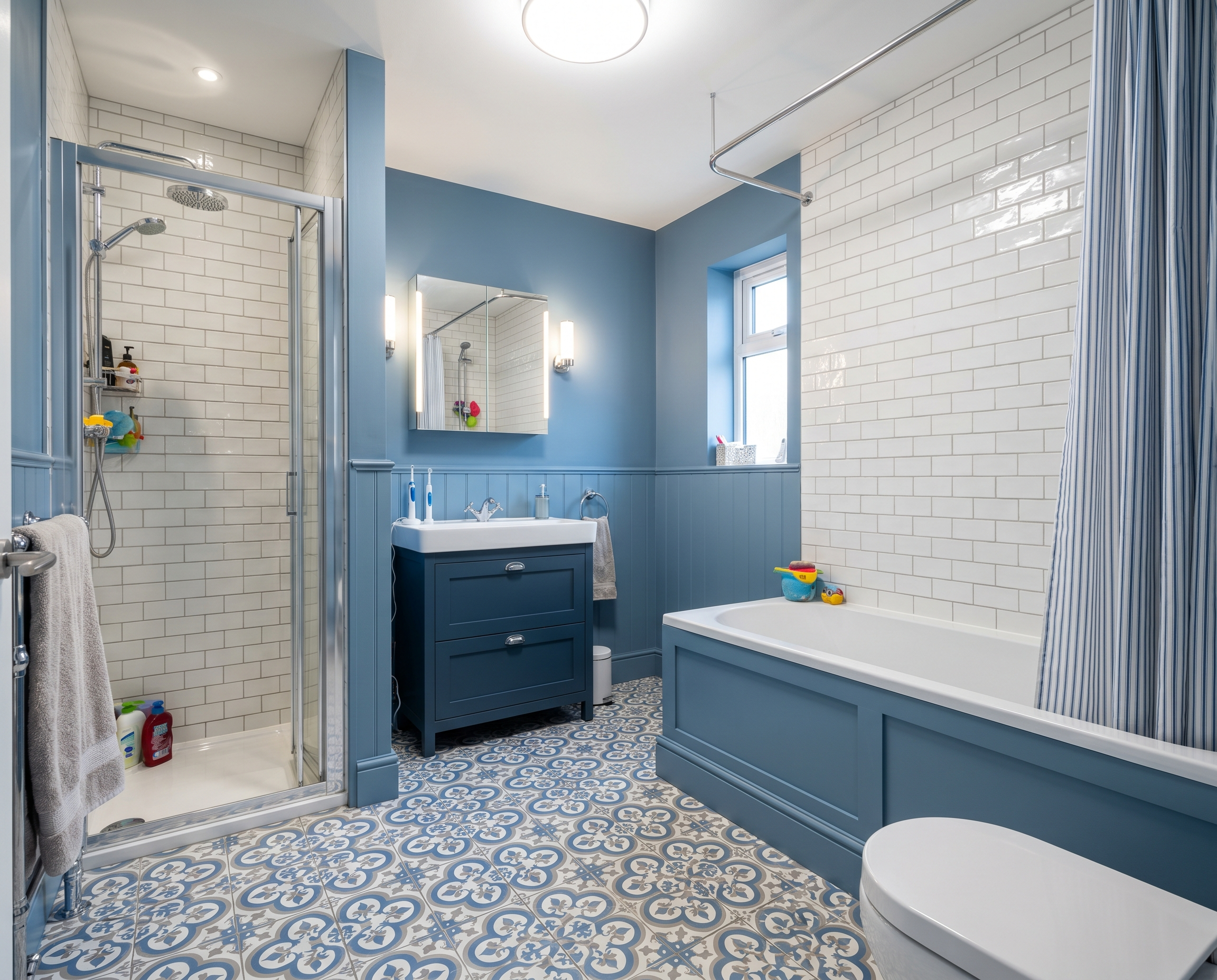 Bathroom with blue walls, white brick tiles, a bathtub, a small blue vanity with a mirror, a shower with glass door, and patterned floor tiles.