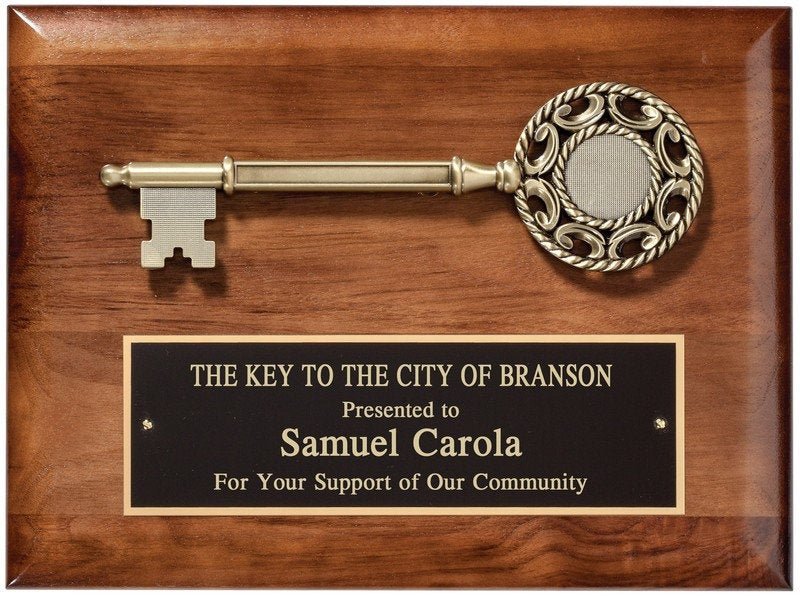 9x12 Key to the city plaque, Solid American Walnut plaque with black brass engraved plate,die cast key mount, Community support plaque