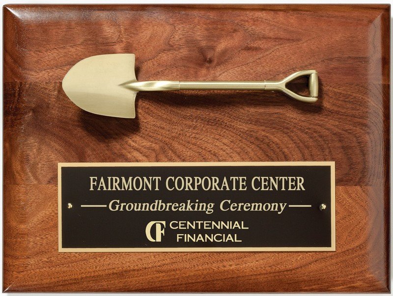 9x12 Ground breaking ceremony plaque, Solid American Walnut plaque with black brass engraved plate,die cast shovel mount, new construction