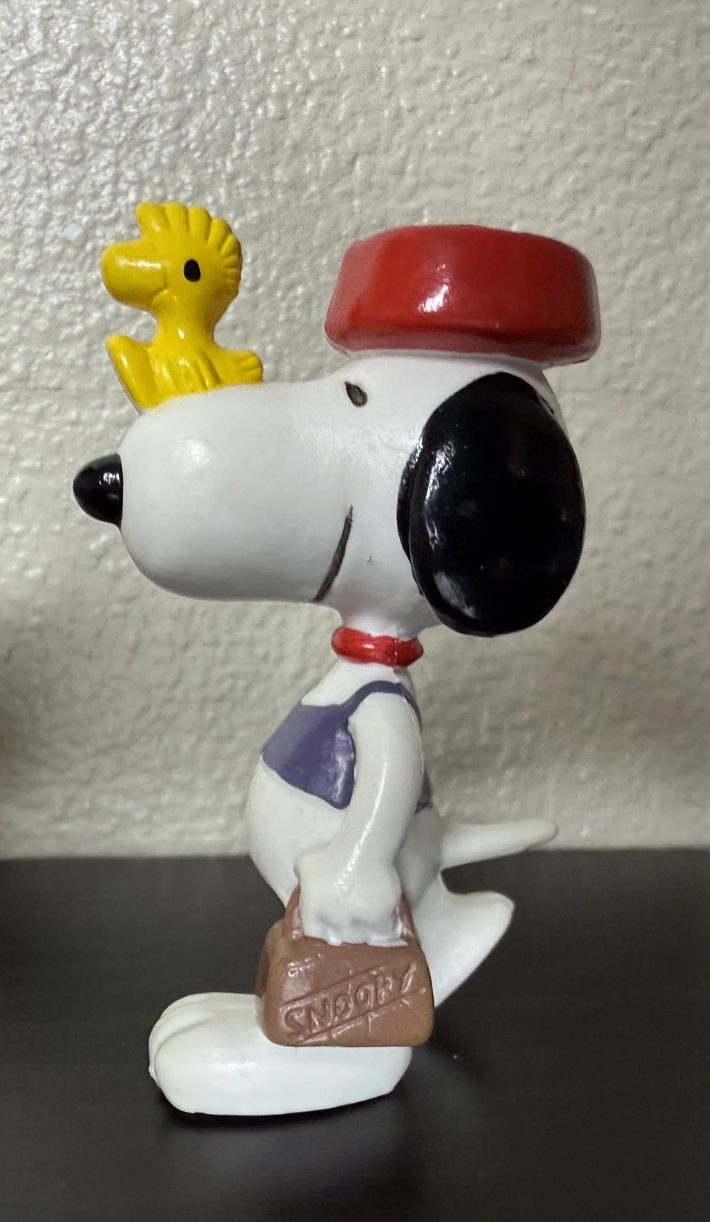 Snoopy PVC Dog Bowl on his Head and Woodstock on his Nose