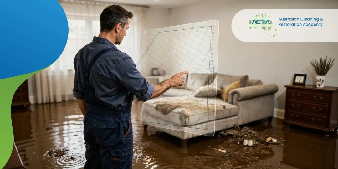 A water damage restoration technician assessing the problem in front of him and visualising a psychometric chart in his mind.