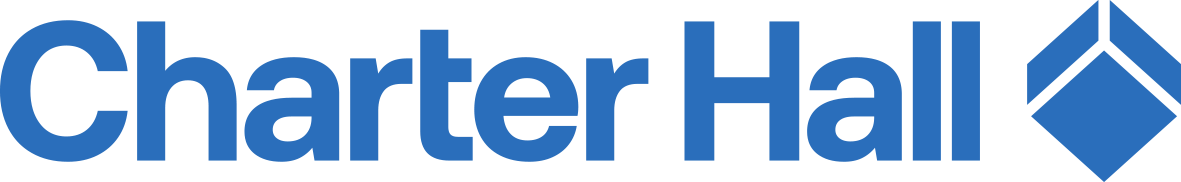 Logo of Charter Hall featuring the company's name in blue with a stylized blue cube on the right