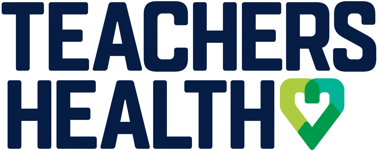 Logo with large text reading 'Teachers' and 'Health' and a stylized green and blue heart with a checkmark in the middle.